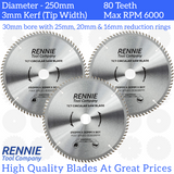 3 Pack - 250mm x 80T TCT Circular Wood Saw Blade. Fits Bosch Makita Dewalt Circular Saws Etc