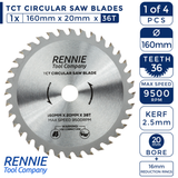 4 Pack - 160mm x 36T 48T 60T & 80T TCT Circular Wood Saw Blades Fits Bosch, Makita, Black & Decker, Dewalt Festool TS55 etc