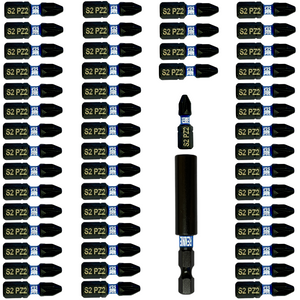 51 Pack PZ2 x 25mm Impact Screwdriver Bits Set Pozidriv (Pozi 2) With Impact Bit Holder