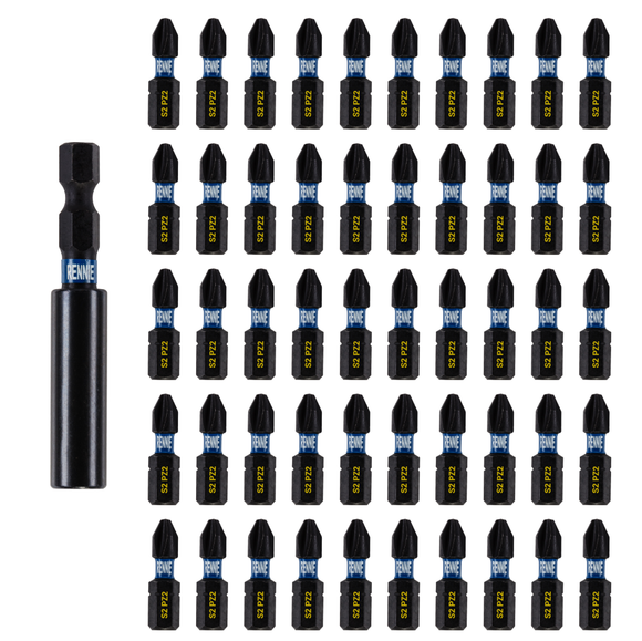 51 Pack PZ2 x 25mm Impact Screwdriver Bits Set Pozidriv (Pozi 2) With Impact Bit Holder