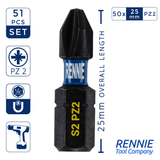 51 Pack PZ2 x 25mm Impact Screwdriver Bits Set Pozidriv (Pozi 2) With Impact Bit Holder