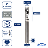 Solid Carbide Single 1 Flute Down Cut Spiral Router Bits
