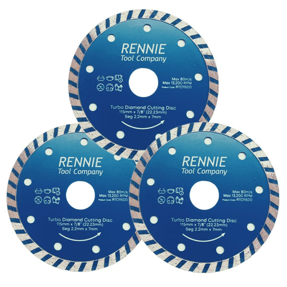 Pack Of 3 x 115mm Turbo Diamond Cutting Blade / Angle Grinder Disc For Tiles, Stones Etc (4 1/2