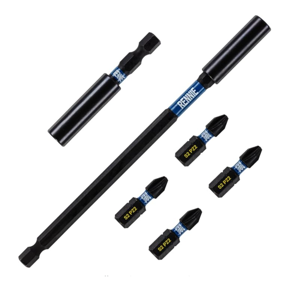 6 Piece PZ2 Impact Screwdriver Bits Set Pozidriv (Pozi 2) With 2 x Impact Bit Holders