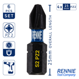 6 Piece PZ2 Impact Screwdriver Bits Set Pozidriv (Pozi 2) With 2 x Impact Bit Holders