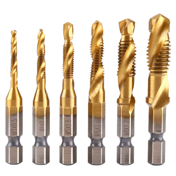 6-Piece Combination HSS Drill Tap Set - 3mm, 4mm, 5mm, 6mm, 8mm, 10mm