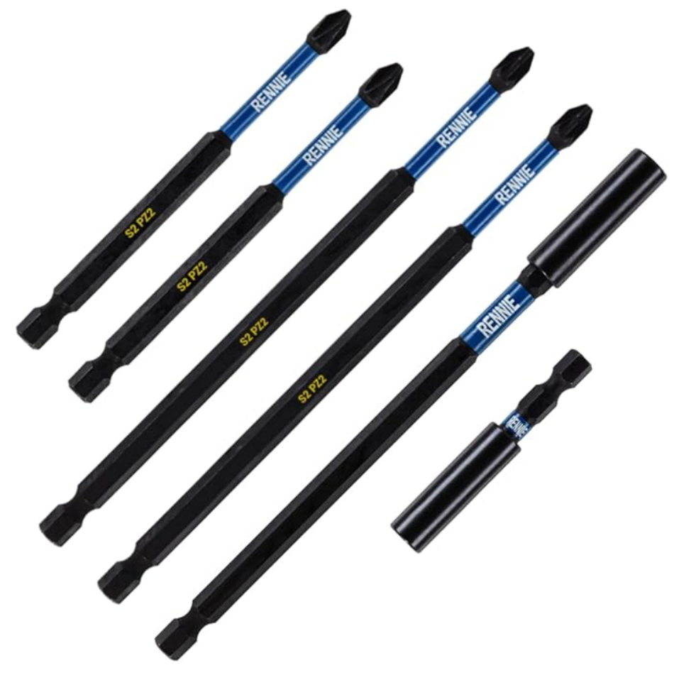 6 Piece Extra Long PZ2 Magnetic Impact Screwdriver Bits Set With Impact Bit Holders
