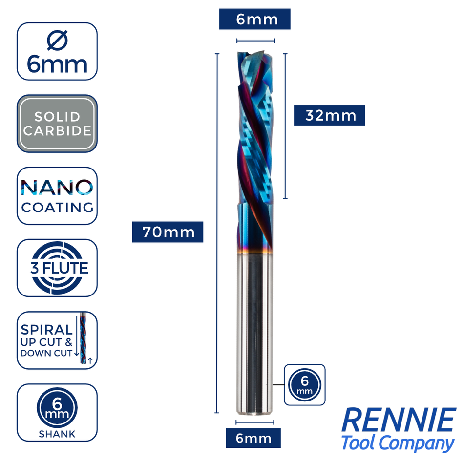 3‑Flute Up/Down Compression Router Bits Nano-Coated – Rennie Tool Company