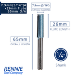 1/4" Shank TCT Tipped Straight Flute Router Bits Fits Makita Festool Dewalt Trend Routers