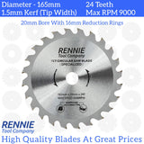 2 Pack - 165mm x 24T TCT Cordless Circular Wood Saw Blades With Thin Kerf. Fits Bosch Makita Ryobi Dewalt Circular Saws etc