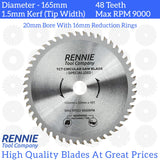 165mm x 48T TCT Cordless Circular Wood Saw Blade With Thin Kerf. Fits Bosch Makita Ryobi Dewalt Circular Saws etc