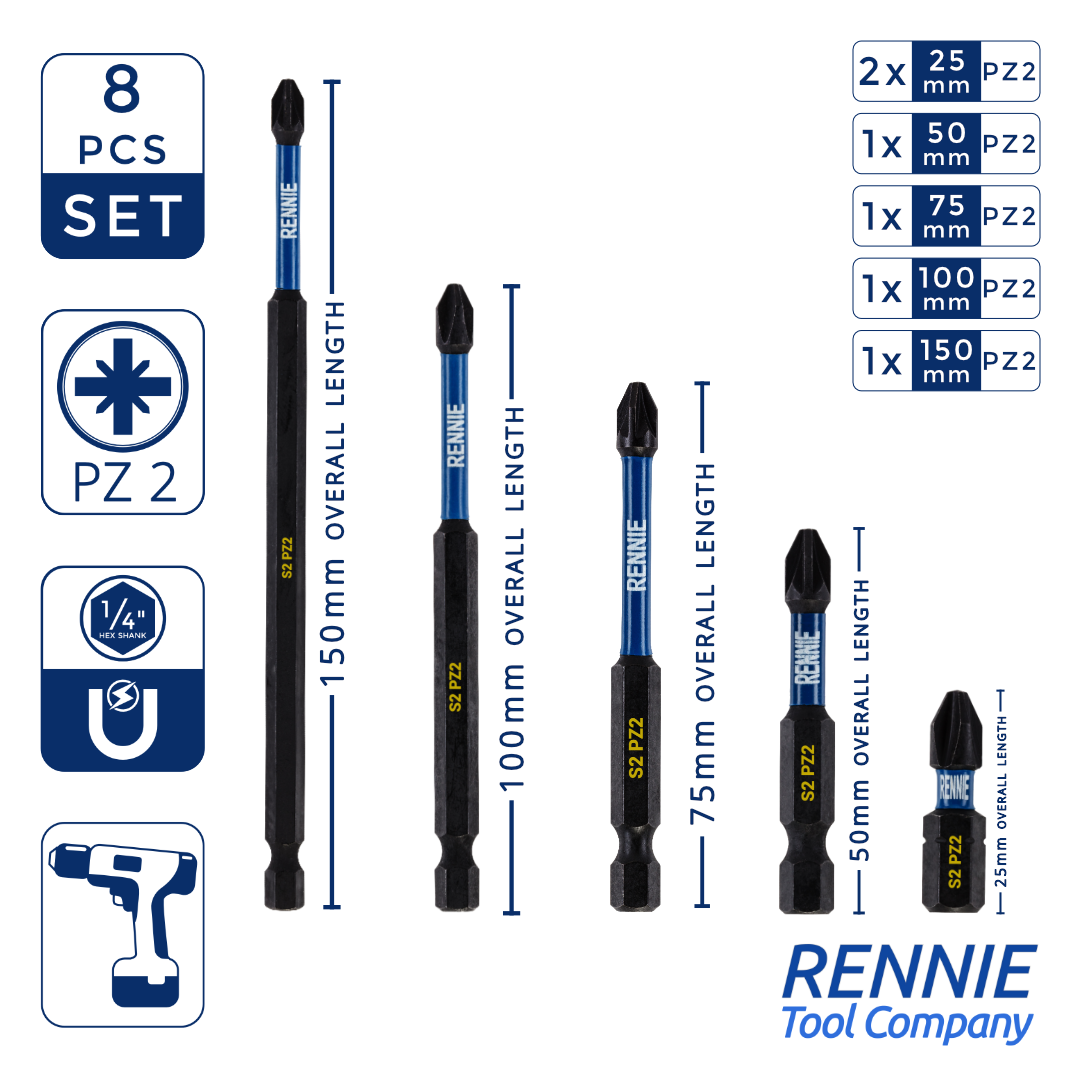Rennie Tools PZ2 Schlagschrauber-Bit Set - 51-teilig, Bits 25 Mm Lang, Mit Bithalter, S2-Stahl