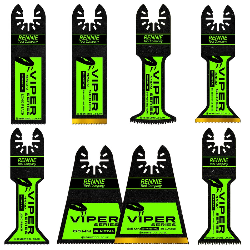 8 Piece Viper Series Bi-Metal Multitool Blade Set – Long Reach, Coarse & TiN Coated – Wood, Nails & Metal
