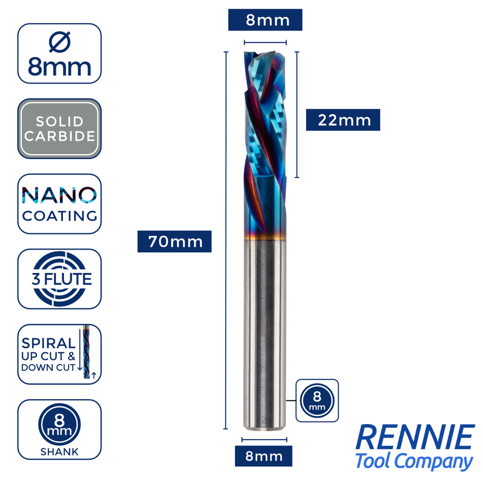 3‑Flute Up/Down Compression Router Bits Nano-Coated – Rennie Tool Company