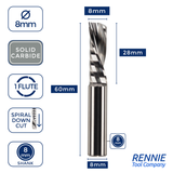 Solid Carbide Single 1 Flute Down Cut Spiral Router Bits