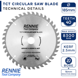 185mm x 20mm Bore x 40T TCT Saw Blade Fits Evolution Rage Circular Saws