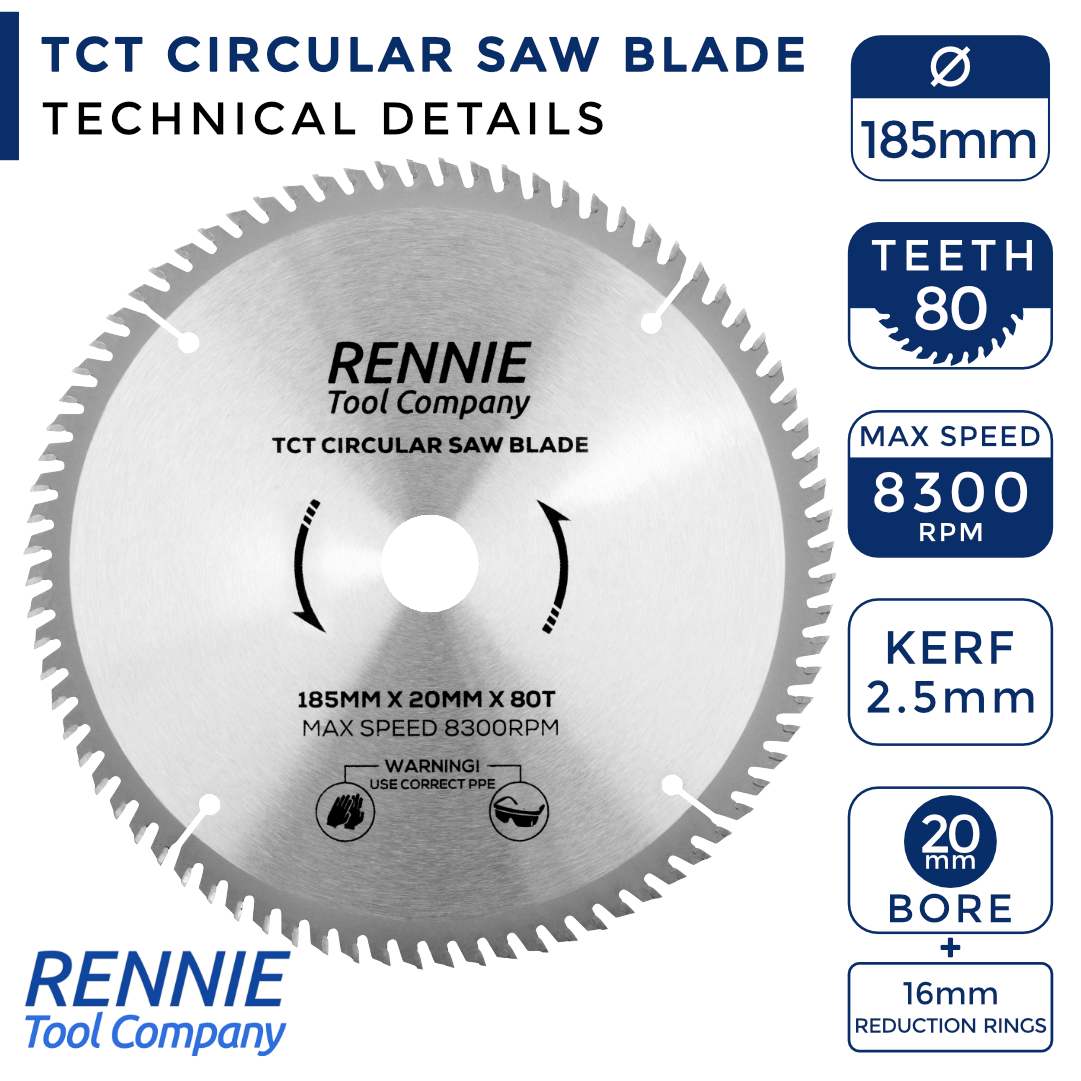 185mm x 20mm Bore x 80T TCT Saw Blade Rennie Tools
