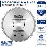 185mm x 20mm Bore x 80T TCT Saw Blade Fits Evolution Rage Circular Saws