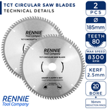 2 Pack - 185mm x 20mm Bore x 80T TCT Saw Blade Fits Evolution Bosch Makita Ryobi Dewalt Circular Saws Etc