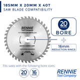185mm x 20mm Bore x 80T TCT Saw Blade Fits Evolution Rage Circular Saws