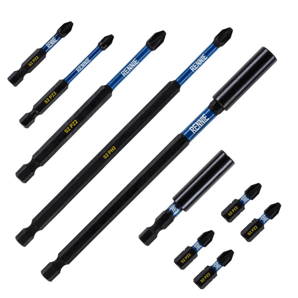 10 x PZ2 Magnetic Impact Screwdriver Bit Set Extra Long