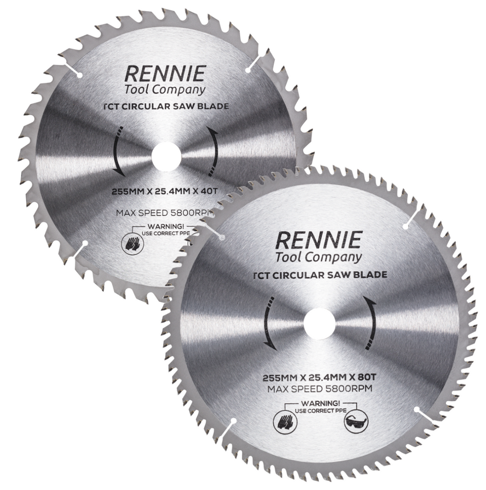 2-Pack 255mm x 40T & 80T x 25.4mm Bore TCT Circular Wood Saw Blades 255mm, Fits Evolution Saws