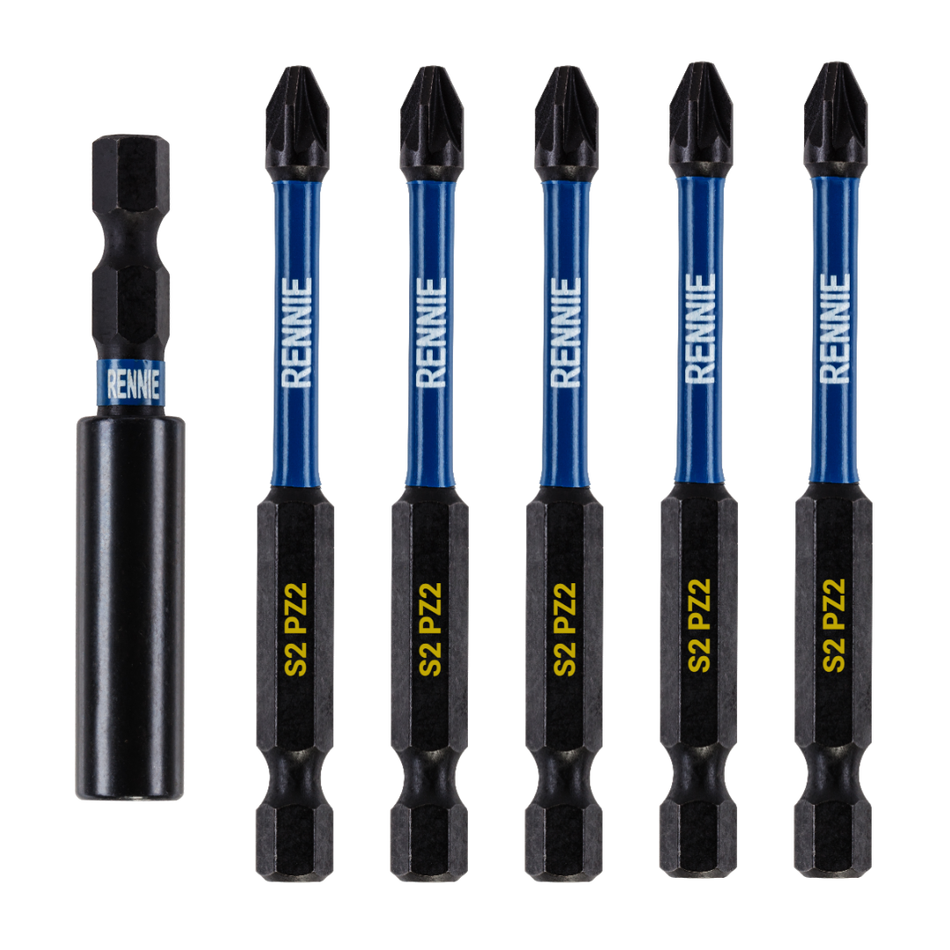 5 Pack PZ2 x 75mm Magnetic Impact Screwdriver Bits Set Pozidriv (Pozi 2) + 60mm Bit Holder