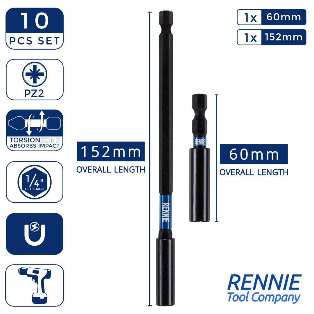 10 Piece Extra Long PZ2 Magnetic Impact Screwdriver Bits Set – Rennie ...