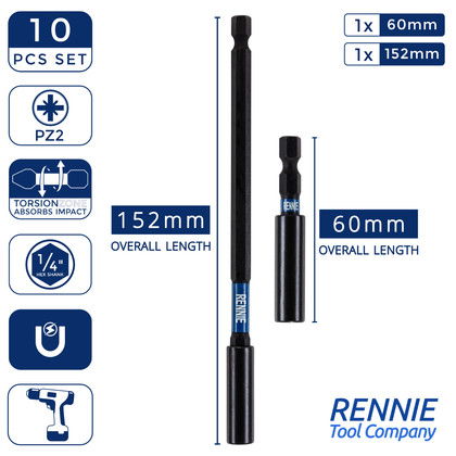 10 Piece Extra Long PZ2 Magnetic Impact Screwdriver Bits Set – Rennie ...