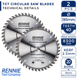 2 Pack - 185mm x 20mm Bore x 40T TCT Saw Blade Fits Evolution Rage Circular Saws
