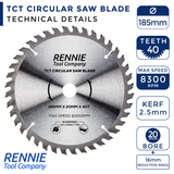 185mm x 20mm Bore x 40T TCT Saw Blade Fits Evolution Rage Circular Saws