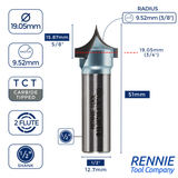TCT Tipped Roundover / Edge Rounding Router Bits Fits Makita Festool Dewalt Trend Routers