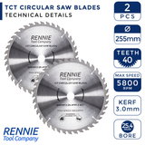 2 Pack - 255mm x 25.4mm Bore x 40T TCT Circular Saw Blades For Evolution Saws