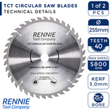 2-Pack 255mm x 40T & 80T x 25.4mm Bore TCT Circular Wood Saw Blades 255mm, Fits Evolution Saws