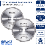 2 Pack - 255mm x 25.4mm Bore x 80T TCT Circular Wood Saw Blades Fits Evolution Saws & Evolution Rage Saws