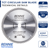 255mm x 25.4mm Bore x 80T TCT Circular Wood Saw Blade Fits Evolution Saws & Evolution Rage Saws