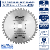 2 Pack - 185mm x 20mm Bore x 40T & 80T TCT Saw Blade Fits Evolution Rage Circular Saws Etc