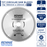 2 Pack - 185mm x 20mm Bore x 40T & 80T TCT Saw Blade Fits Evolution Rage Circular Saws Etc