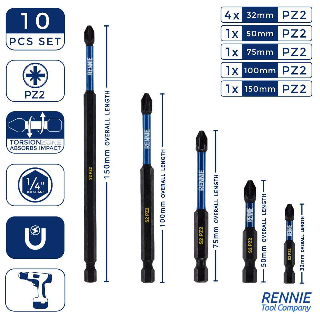 10 Piece Extra Long PZ2 Magnetic Impact Screwdriver Bits Set – Rennie ...