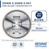 2 Pack - 185mm x 20mm Bore x 80T TCT Saw Blade Fits Evolution Bosch Makita Ryobi Dewalt Circular Saws Etc