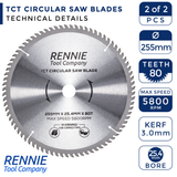 2-Pack 255mm x 40T & 80T x 25.4mm Bore TCT Circular Wood Saw Blades 255mm, Fits Evolution Saws