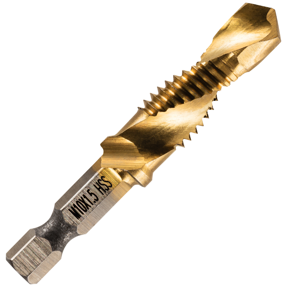 M10 x 1.5 Combination Tap And Drill Bits HSS Titanium Coated. 1/4" Hex Shank
