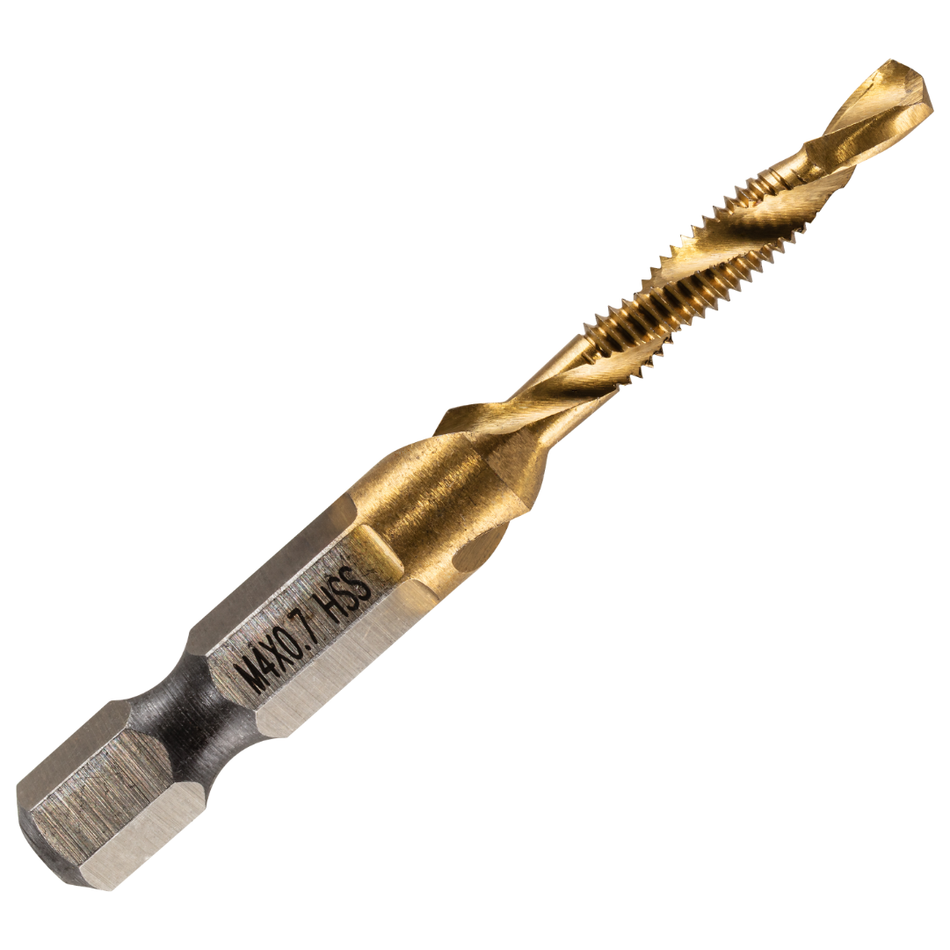 M4 x 0.7 Combination Tap And Drill Bits HSS Titanium Coated. 1/4" Hex Shank