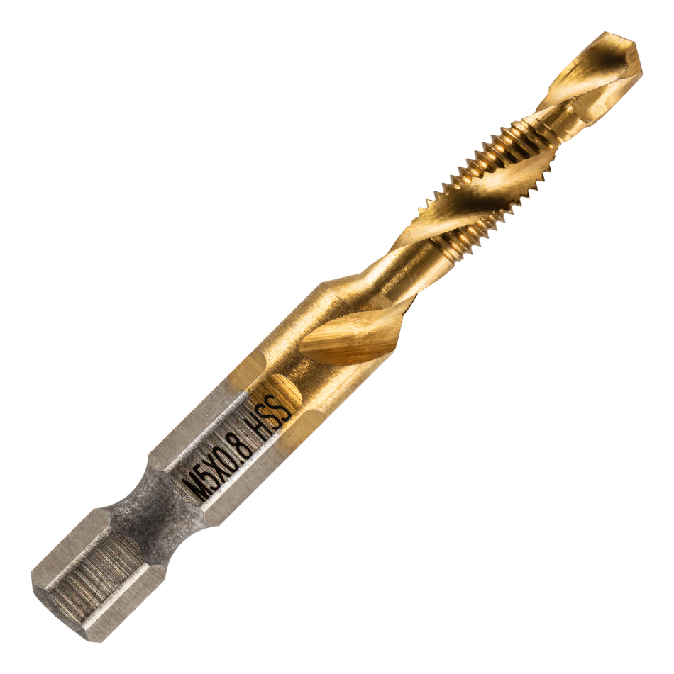 M5 x 0.8 Combination Tap And Drill Bits HSS Titanium Coated. 1/4" Hex Shank