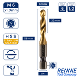 M6 x 1 Combination Tap And Drill Bits HSS Titanium Coated. 1/4" Hex Shank