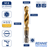 M8 x 1.25 Combination Tap And Drill Bits HSS Titanium Coated. 1/4" Hex Shank