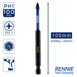 10 Pack PH1 x 100mm Long Magnetic Impact Screwdriver Bits Set Phillips #1