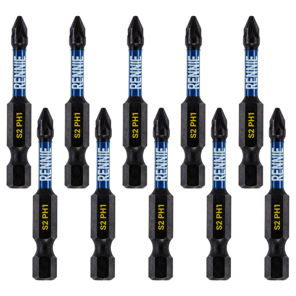 10 Pack PH1 x 50mm Magnetic Impact Screwdriver Bits Set Phillips #1