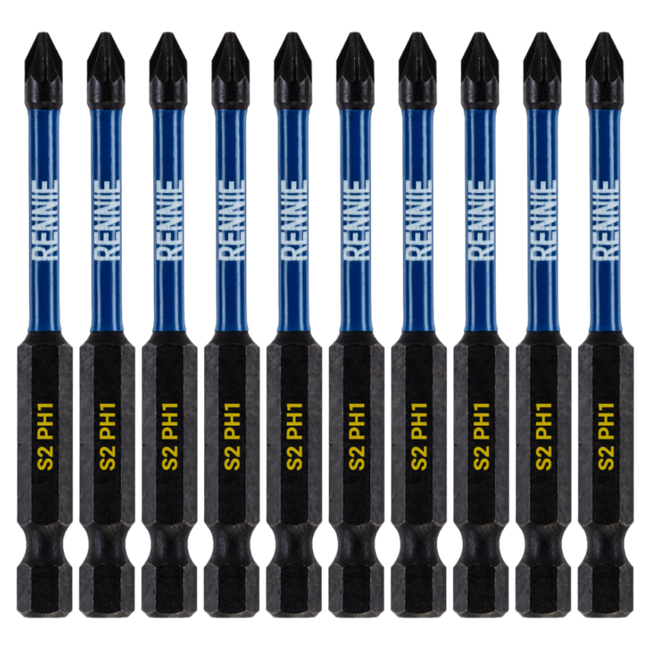 10 X Rennie Tools 100mm Long PZ2 Impact Screwdriver Driver Bits Set