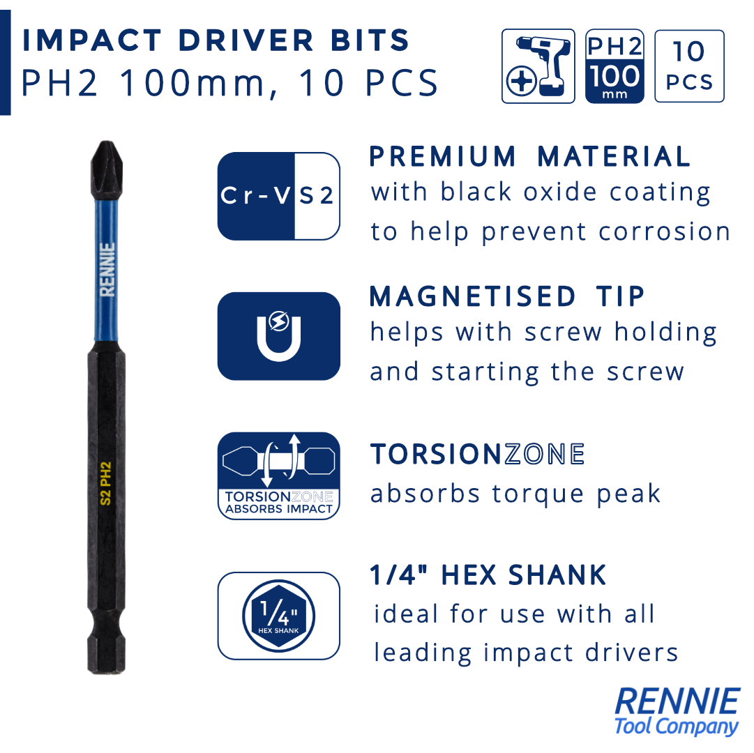 10 Pack PH2 x 100mm Magnetic Impact Screwdriver Bits
